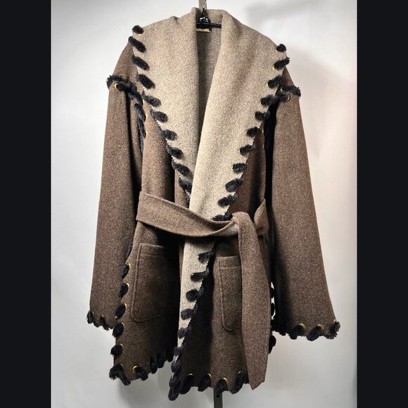 Vintage ZUKI Made in Canada Shirred Brown/Beige Woven Reversible Belted Overcoat - Picture 1 of 6